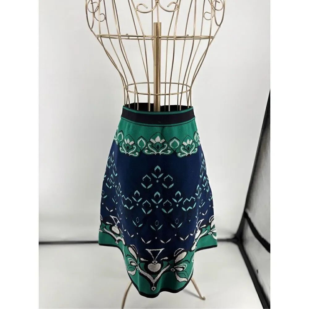 M Missoni Knit Skirt Blue Green Geometric Jacquard Designer Italy Size 42